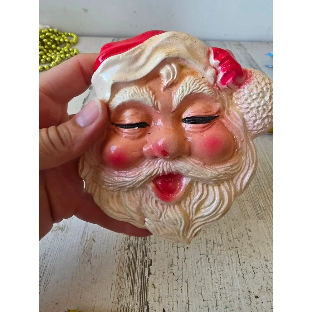Vintage plaster Santa hanging ornament chalkware Xmas decor tree